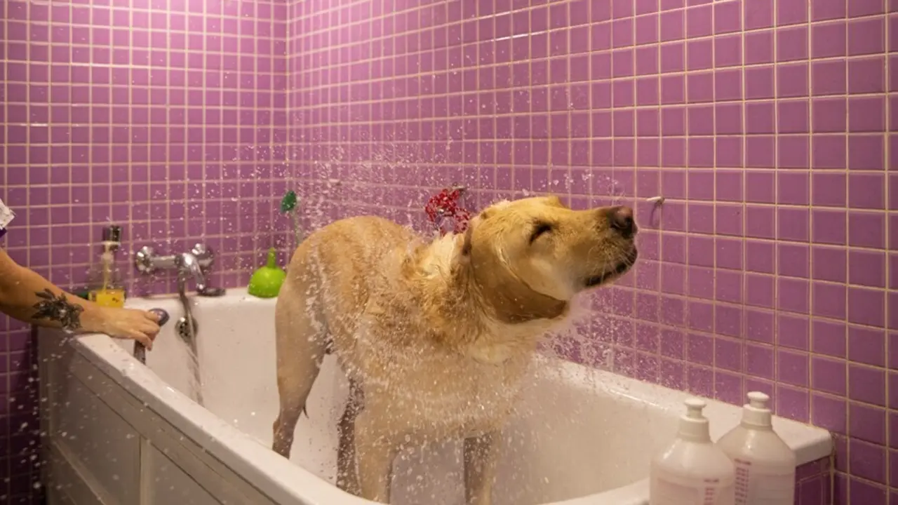 Archivo - Un perro se sacude el agua tras ser lavado en una peluquer&iacute;a canina