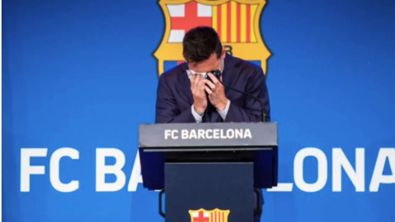 Lionel "Leo" Messi laments during his press conference to talk about his departure from FC Barcelona at Camp Nou stadium on August 08, 2021, in Barcelona, Spain - Marc