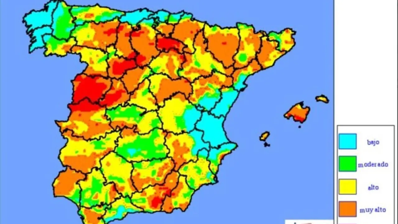 Mapa del riesto de incendios en Espa&ntilde;a de la Aemet, para este lunes.