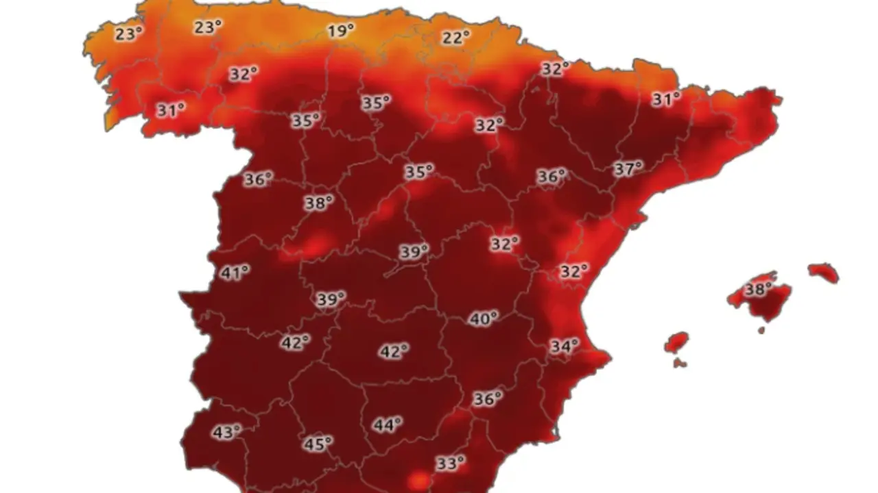 Mapa de las posibles temperaturas del pr&oacute;ximo s&aacute;bado en Espa&ntilde;a. / AEMET