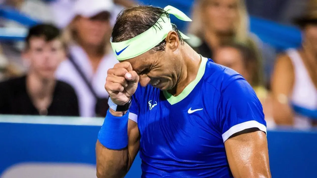 Rafael Nadal from Spain reacts as he plays against Lloyd Harris from South Africa during their third round men's singles match of the Citi Open ATP tennis tournament at the Rock Creek Park Tennis Center in Washington, DC, USA, 05 August 2021. (Tenis, Abierto, Sud&aacute;frica, Espa&ntilde;a, Estados Unidos) EFE/EPA/JIM LO SCALZO