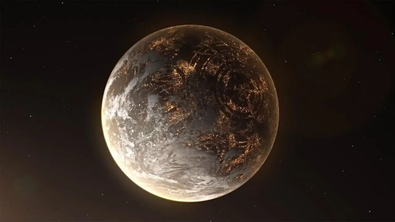 Archivo - Recreaci&oacute;n art&iacute;stica de un hipot&eacute;tico exoplaneta con luces artificiales en el lado nocturno