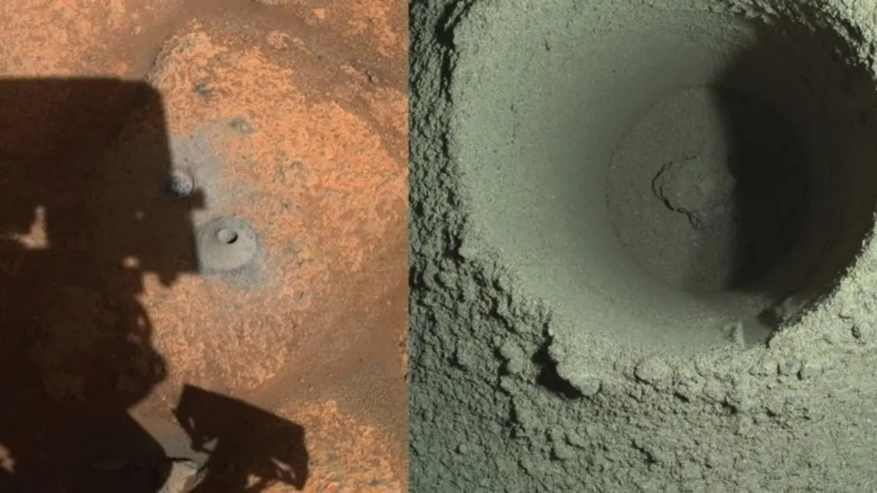 El agujero de perforaci&oacute;n del primer intento de recolecci&oacute;n de muestras de Perseverance se puede ver, junto con la sombra del rover, en la imagen de la izquierda tomada por una de las c&aacute;maras de navegaci&oacute;n del rover.