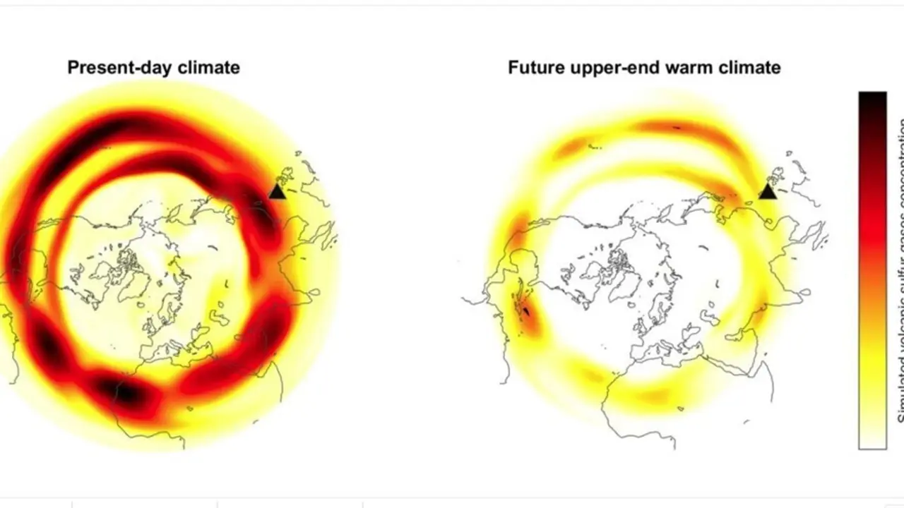 Simulaci&oacute;n de concentraciones globales de gas de azufre, en escenarios de calentamiento actuales y de alto nivel.