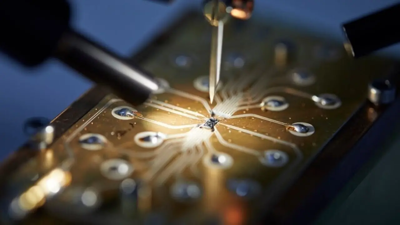 El dispositivo espin qubit se conecta a la placa de circuito en preparaci&oacute;n para la medici&oacute;n.