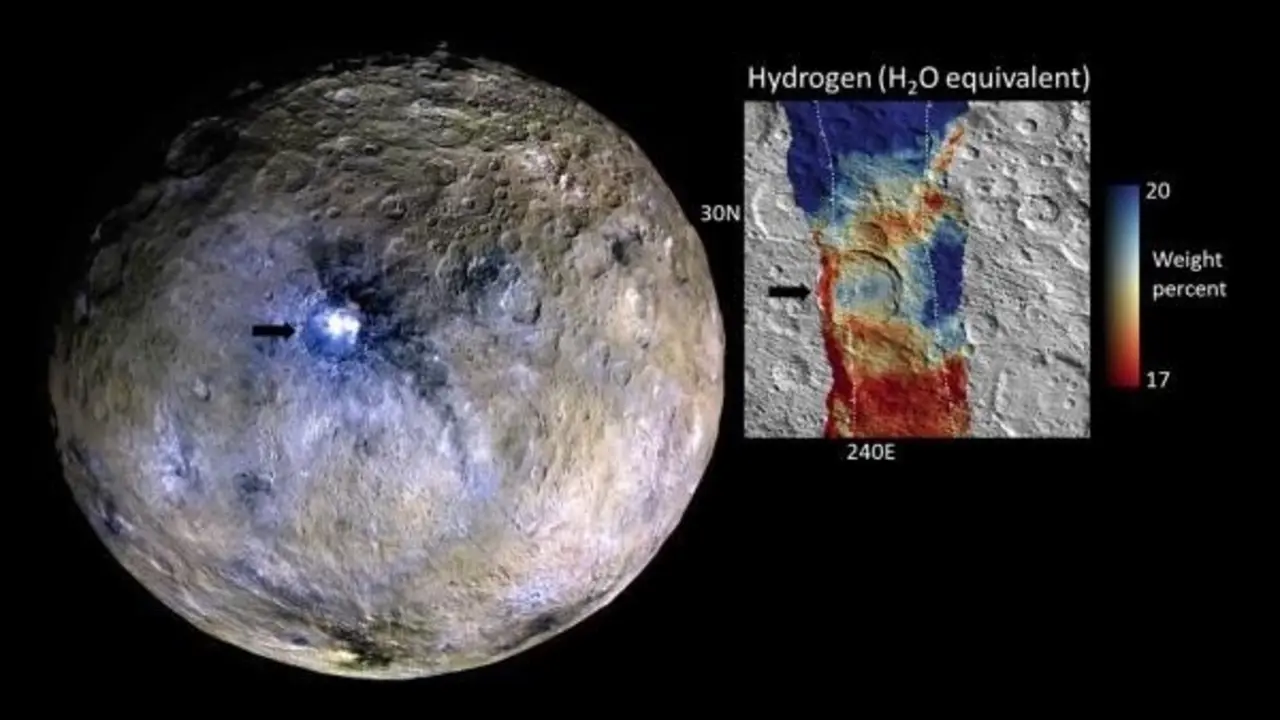 El estudio se centr&oacute; en el cr&aacute;ter Occator (izquierda), que contiene los puntos brillantes m&aacute;s prominentes de Ceres.