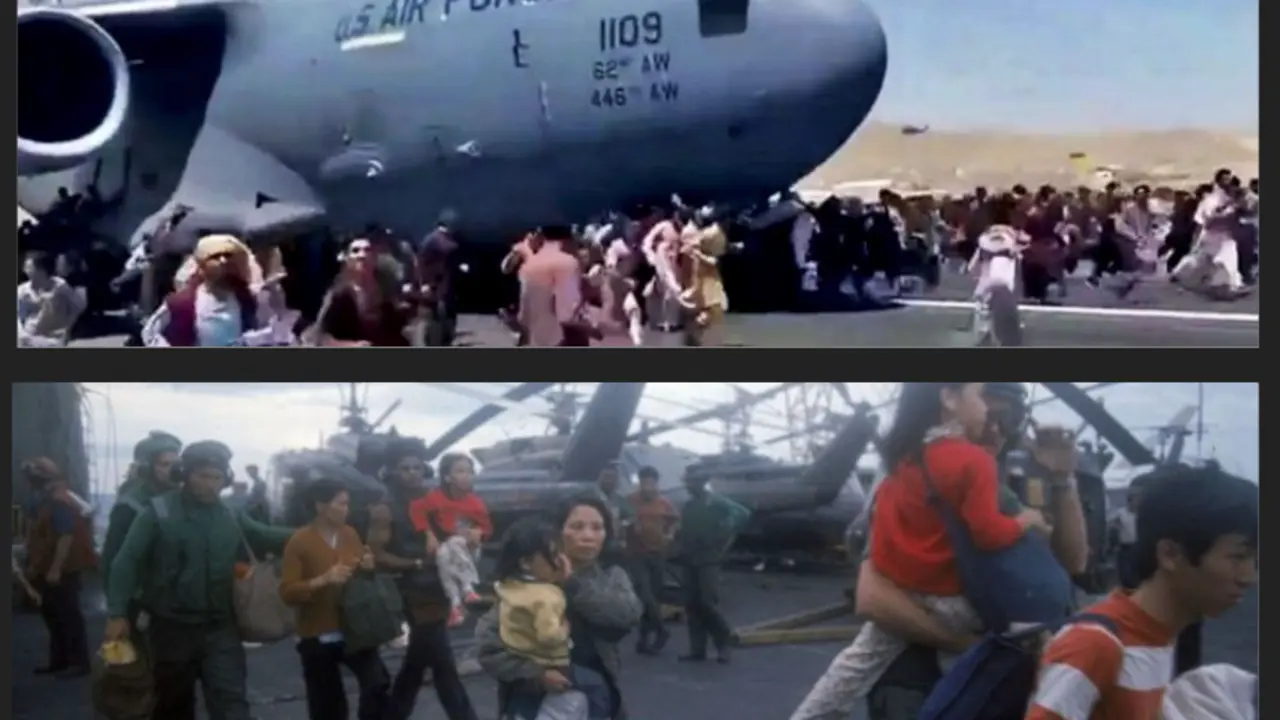 Arriba, Gente corre en la pista del aeropuerto de Kabul tratando de abordar un avi&oacute;n de la Fuerza A&eacute;rea de EE.UU. Y abajo, refugiados vietnamitas a bordo de un barco de la Marina de Estados Unidos, antes de la ca&iacute;da de Saig&oacute;n en abril de 1975.
