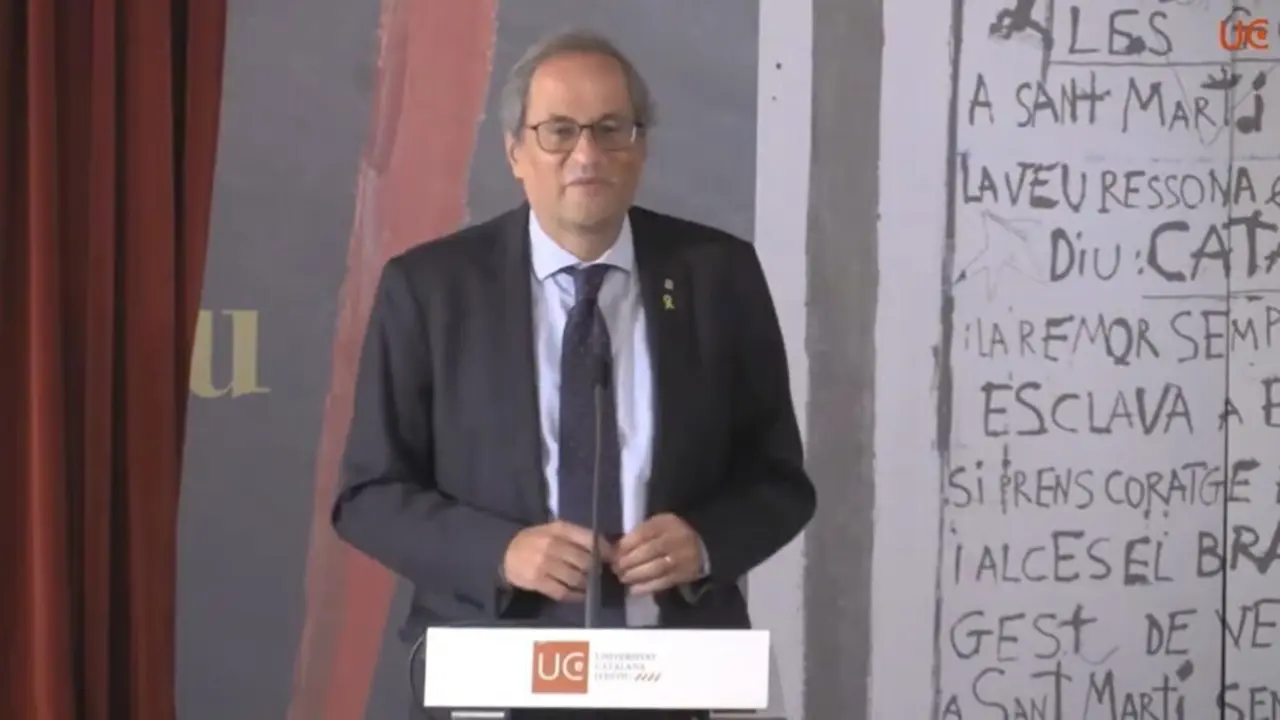 El expresidente de la Generalitat Quim Torra durante su participaci&oacute;n en la Universitat Catalana d'Estiu (UCE) que se celebra en Prada de Conflent (Francia).