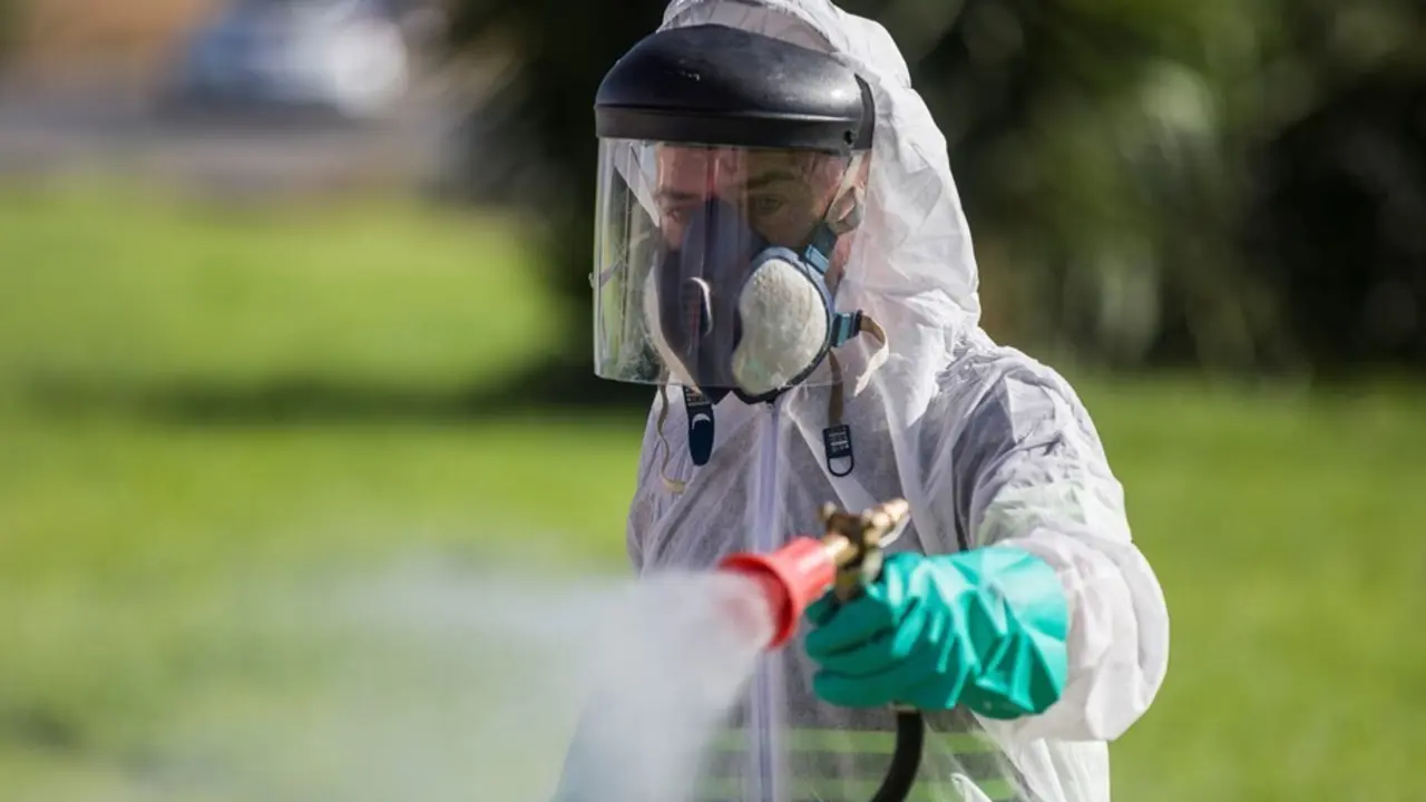 Archivo - Un trabajador durante las labores de fumigaci&oacute;n contra los mosquitos causantes del virus del Nilo en Coria del R&iacute;o