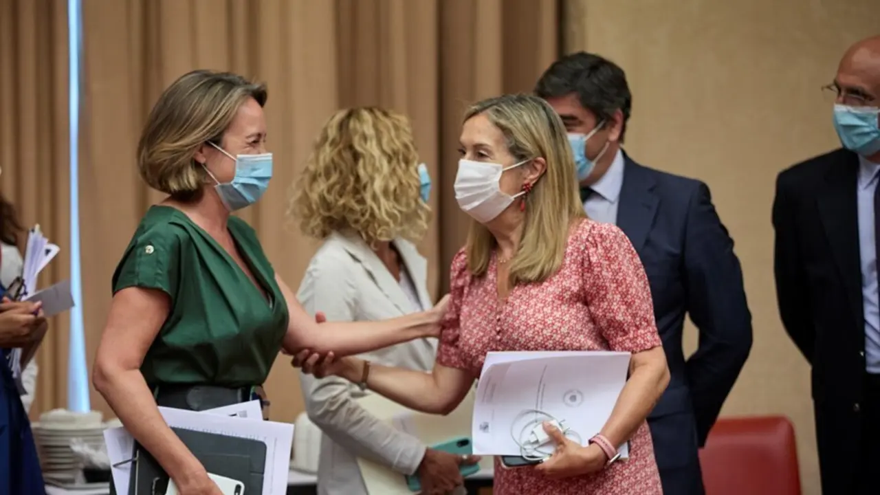 La portavoz del PP en el Congreso de los Diputados, Cuca Gamarra  y la vicesecretaria de Pol&iacute;tica Social del PP, Ana Pastor a su llegada a una reuni&oacute;n de la diputaci&oacute;n permanente en el Congreso de los Diputados