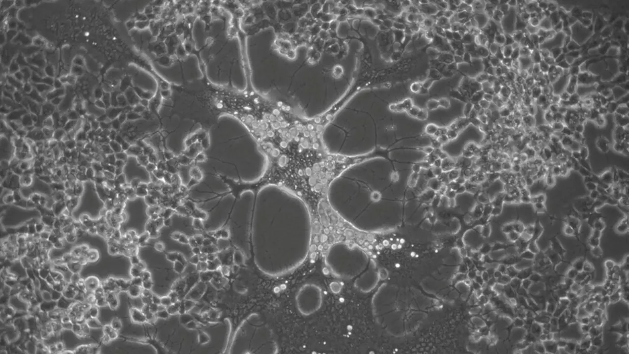 C&eacute;lula infectada con una variante del Virus del Herpes Simplex generada durante el cultivo celular.
