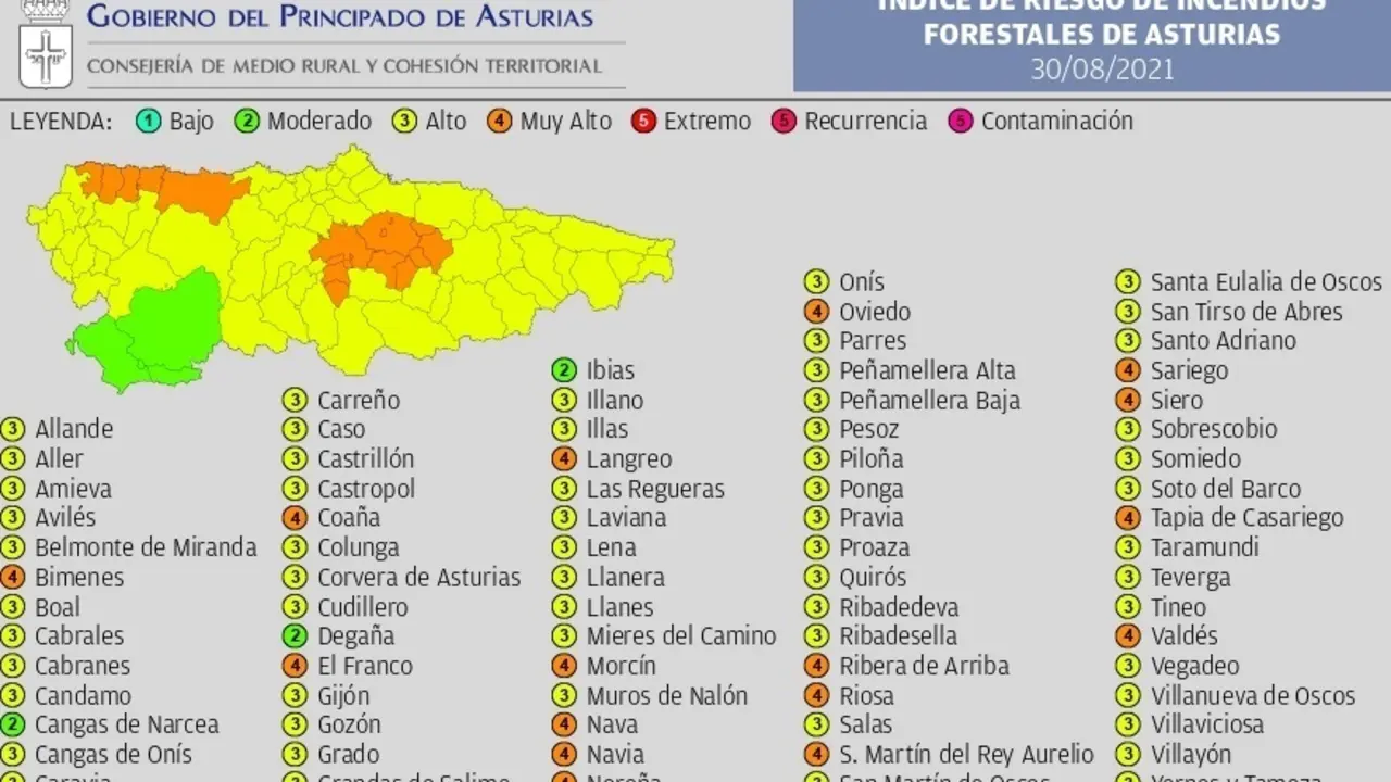 Previsi&oacute;n de riesgo de incendios forestales en Asturias el lunes 30 de agosto