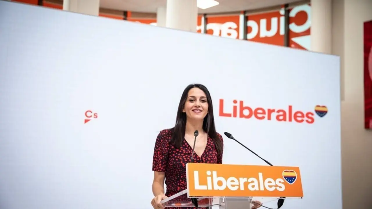La presidenta de Ciudadanos, In&eacute;s Arrimadas, durante la comparecencia ante los medios en la sede nacional del partido, en Madrid, a 30 de agosto de 2021.