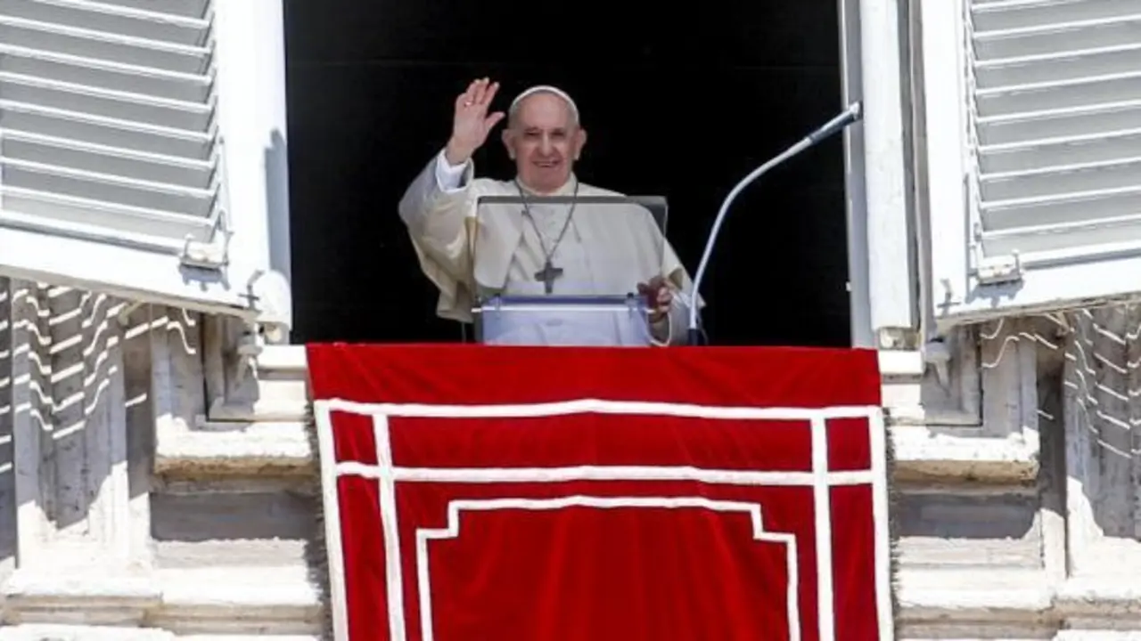 Pope Francis recites the Angelus prayer from the window of his study overlooking Saint Peter's Square, Vatican City, 29 August 2021. (Papa) EFE/EPA/FABIO FRUSTACI