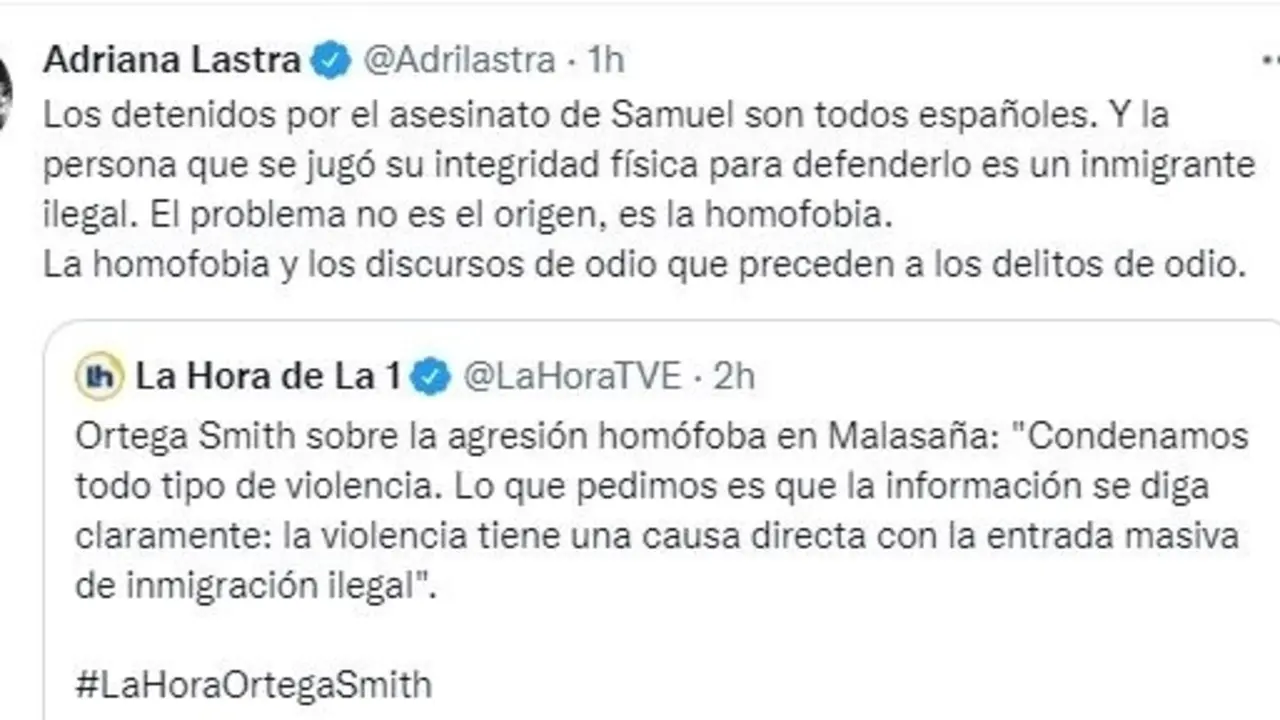 Tuit de Adriana Lastra sobre agresi&oacute;n hom&oacute;foba.