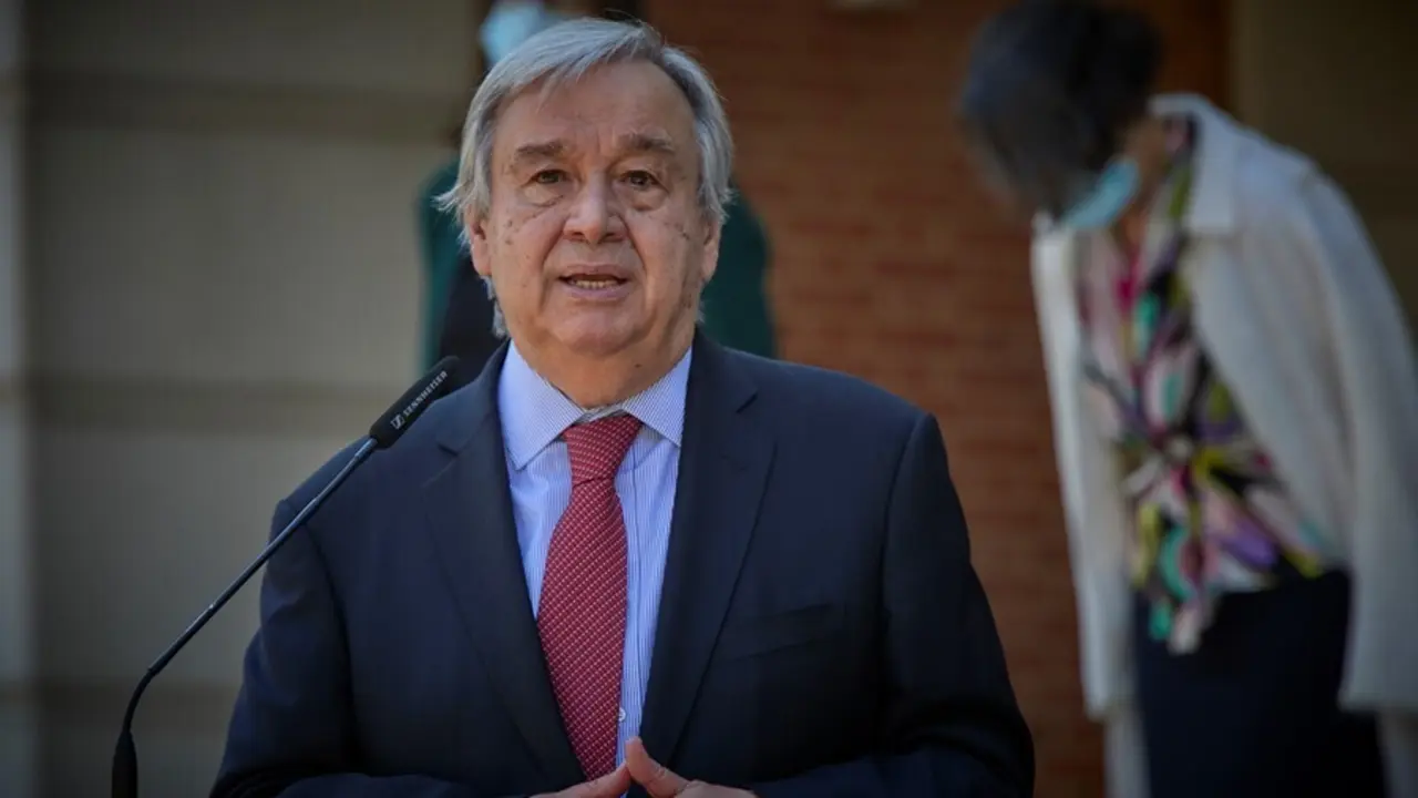 Archivo - El secretario general de Naciones Unidas, Antonio Guterres, interviene en una rueda de prensa posterior a una reuni&oacute;n con el presidente del Gobierno, 2 de julio de 2021, en el Palacio de La Moncloa, Madrid. (Espa&ntilde;a). El encuentro entre ambos man