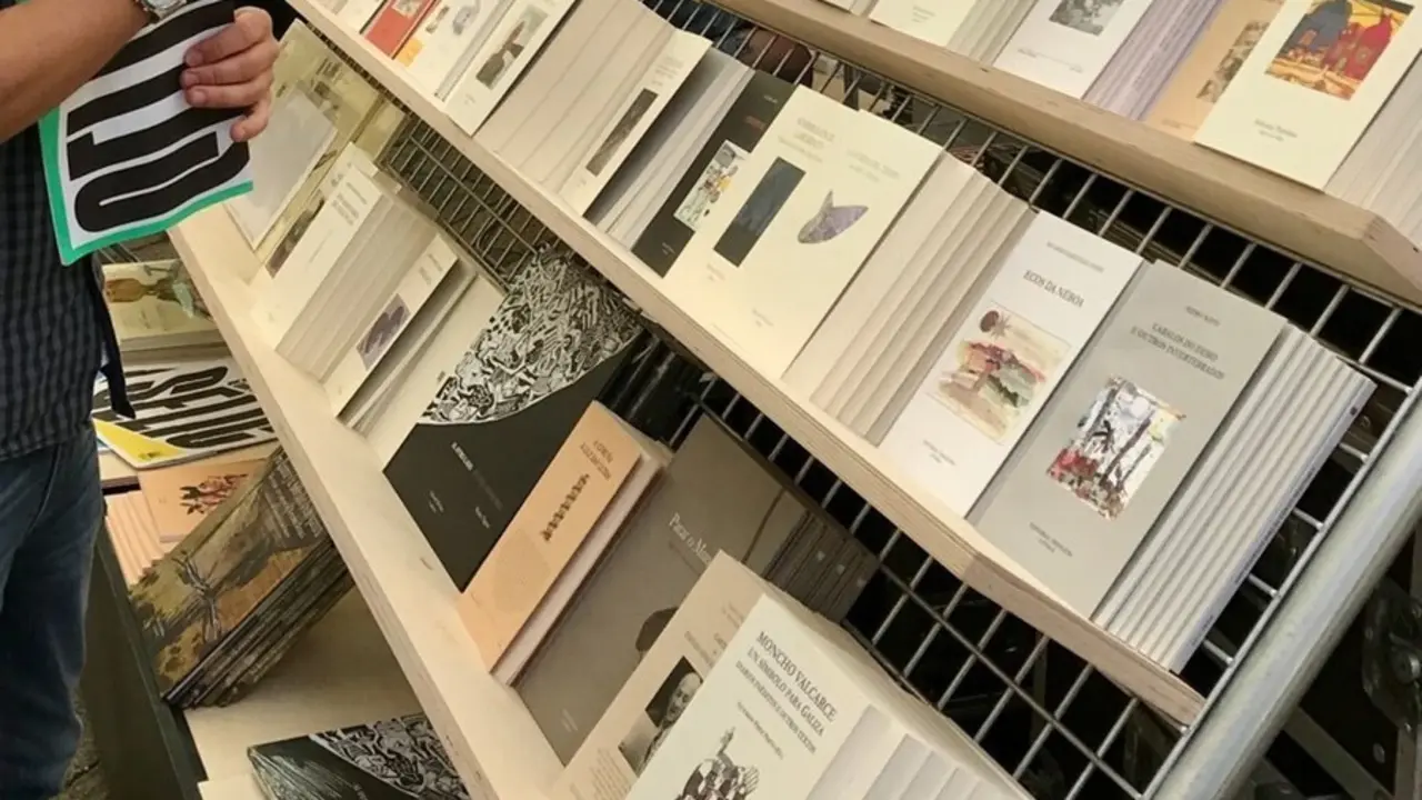 Un asistente a la primera edici&oacute;n de la Selic, Semana do Libro de Compostela, en la Praza da Quintana