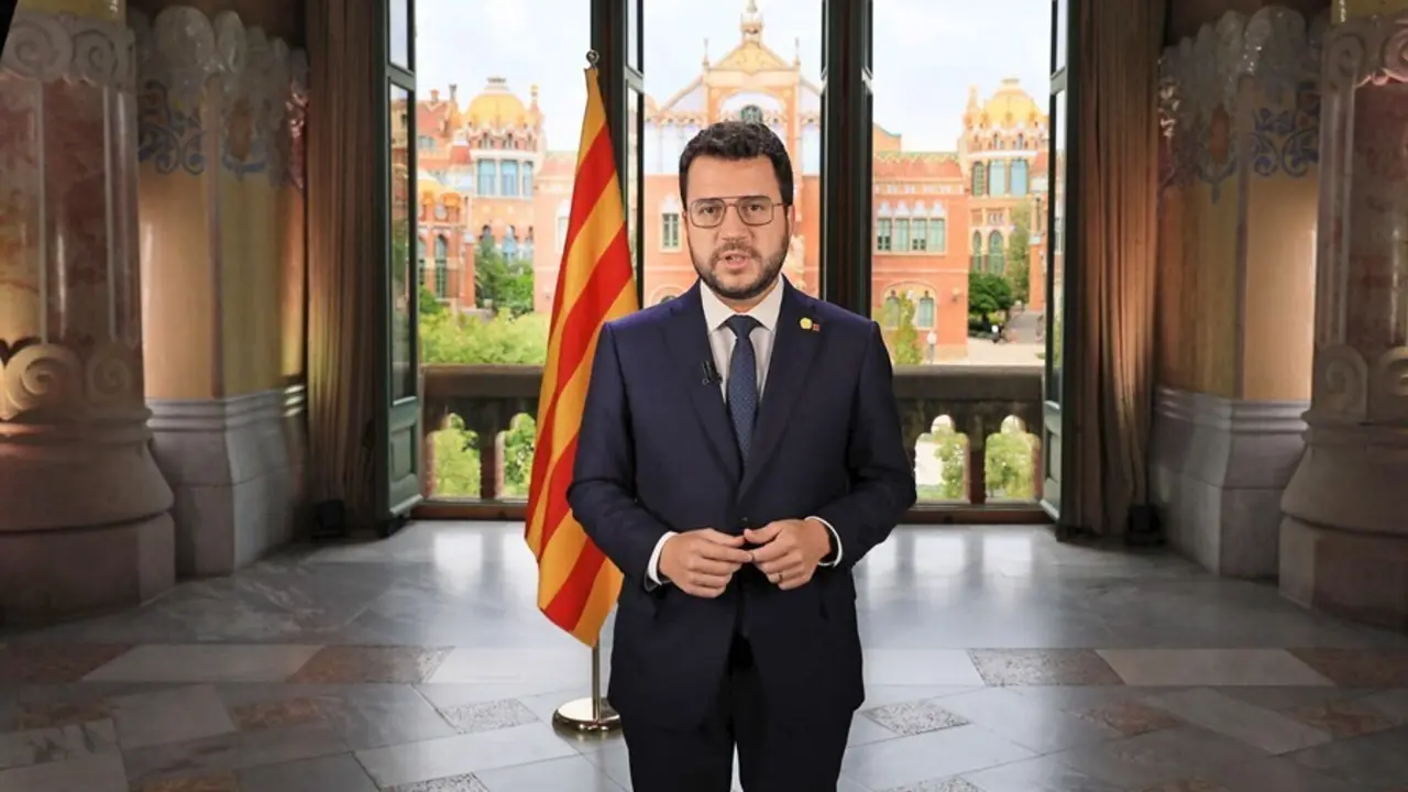 El presidente de la Generalitat, Pere Aragon&egrave;s, en el discurso institucional con motivo de la Diada, que ha realizado desde el recinto modernista del Hospital de Sant Pau.