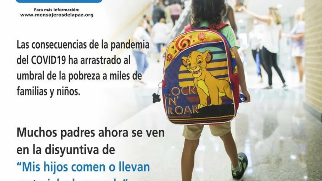 Cartel de Mensajeros de la Paz, que vuelve a lanzar la campa&ntilde;a 'Ay&uacute;dales a volver al Cole: Llena sus mochilas de ilusi&oacute;n'