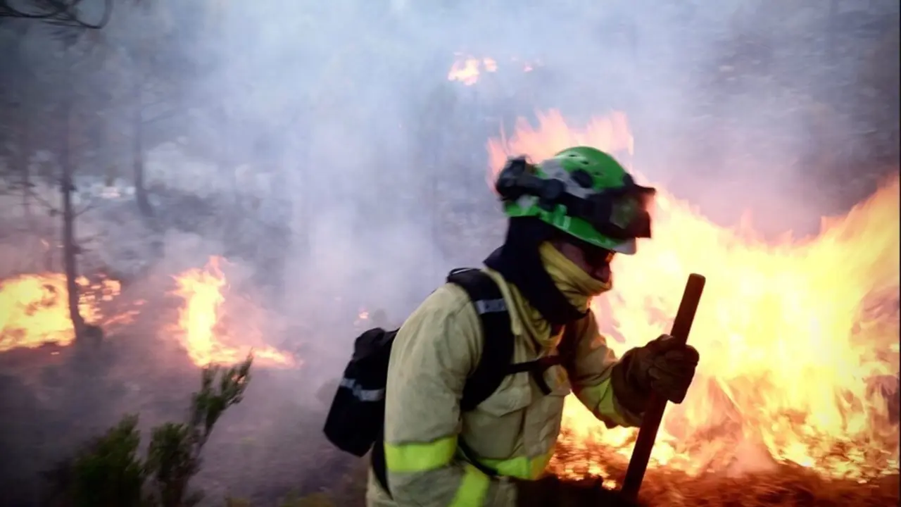 Un bombero lucha contra las llamas del incendio forestal declarado el pasado jueves 8 de septiembre en Sierra Bermeja, en la provincia de M&aacute;laga.