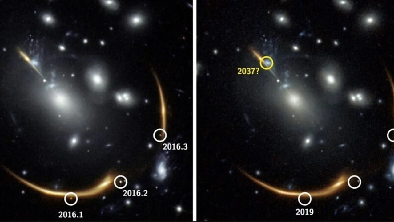 La gravedad del c&uacute;mulo de galaxias MACS J0138 curva tanto el espacio que la luz de una galaxia detr&aacute;s de &eacute;l se inclina hacia nosotros de varias maneras diferentes.