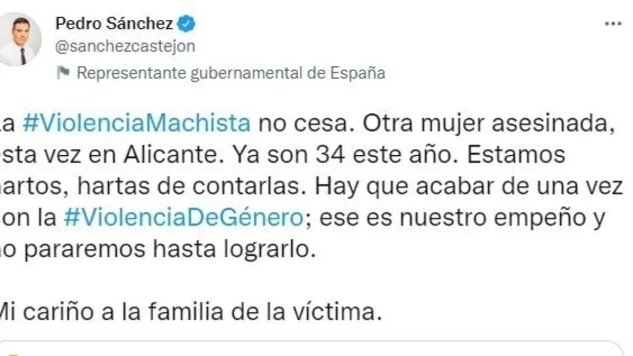 Tuit de Pedro S&aacute;nchez condenando violencia machista.