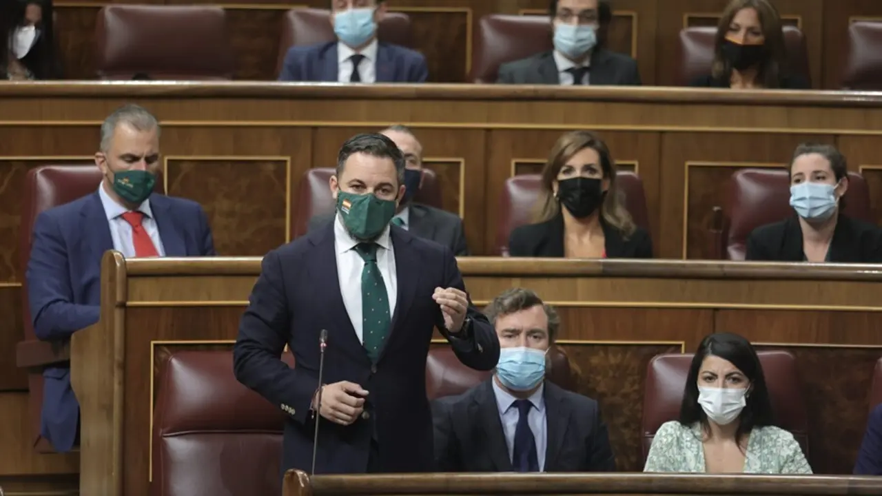 El l&iacute;der de Vox, Santiago Abascal, interviene en una sesi&oacute;n de control al Gobierno en el Congreso de los Diputado