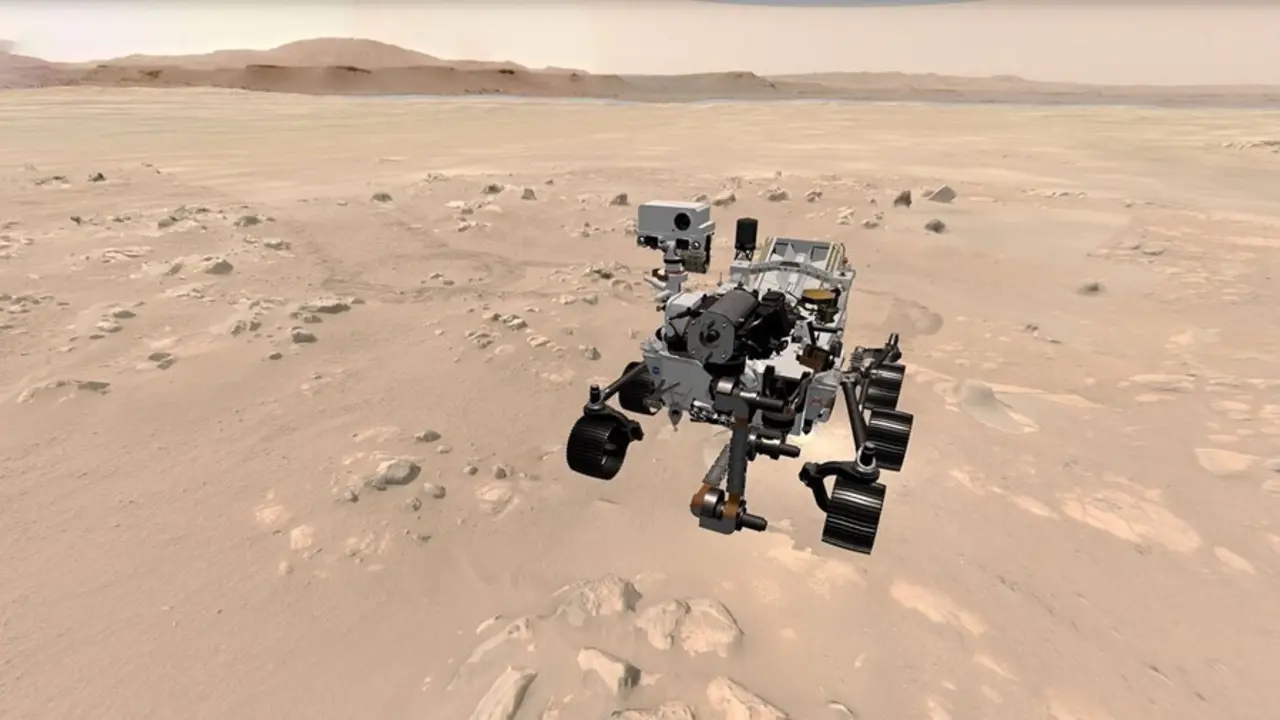 El rover Mars Perseverance de la NASA se muestra en su lugar de aterrizaje en el cr&aacute;ter Jezero en esta vista de la experiencia web 3D "Explora con Perseverance".