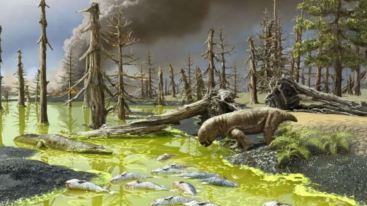 Representaci&oacute;n de un artista de las condiciones durante la extinci&oacute;n masiva del final del P&eacute;rmico, que acab&oacute; con casi toda la vida en la tierra.