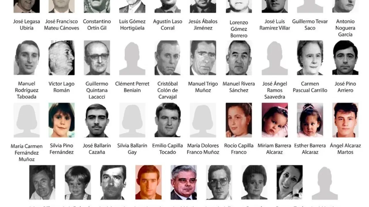 Cartel con las 39 v&iacute;ctimas mortales de Henri Parot difundido en un homenaje del Centro Memorial en Vitoria