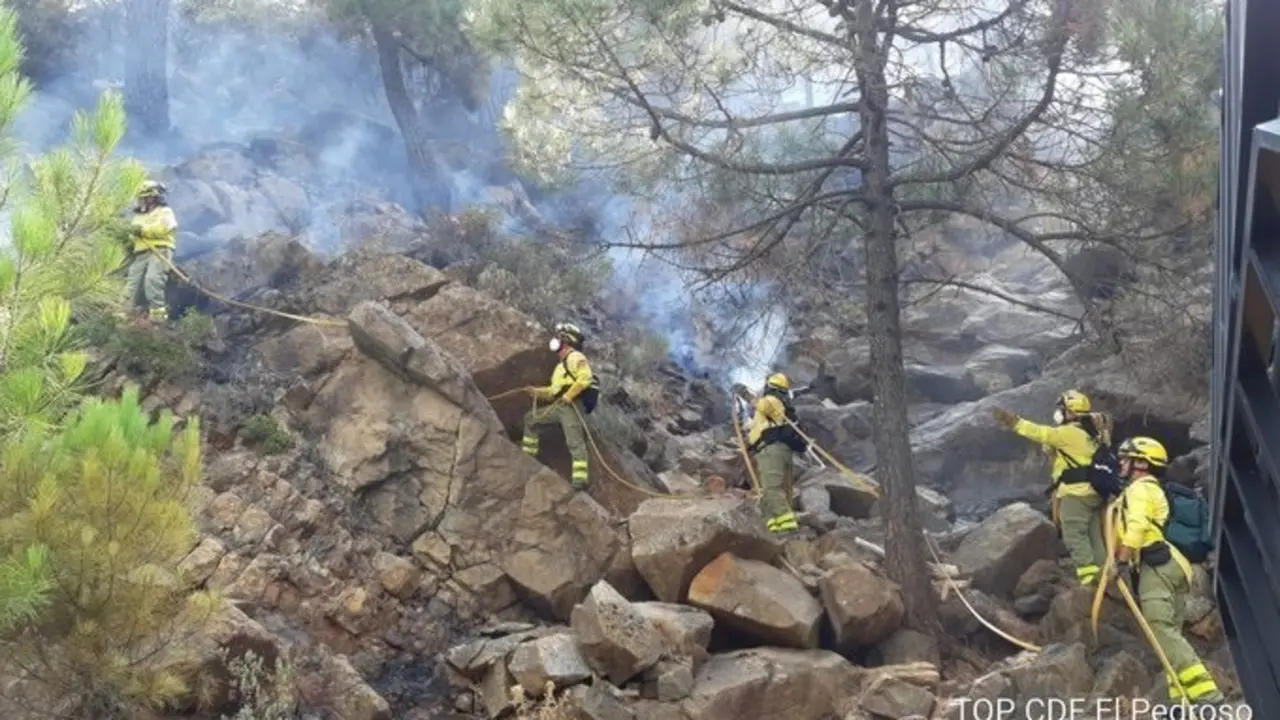 Efectivos del Infoca trabajando en el incendio de Sierra Bermeja