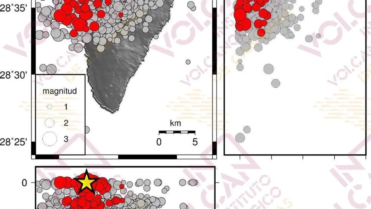 Hipocentros localizados en las &uacute;ltimas 24 horas (en rojo) y la sismicidad registrada desde el pasado s&aacute;bado 11 de septiembre (en gris). La estrella amarilla muestra el hipocentros del terremoto de 4.2