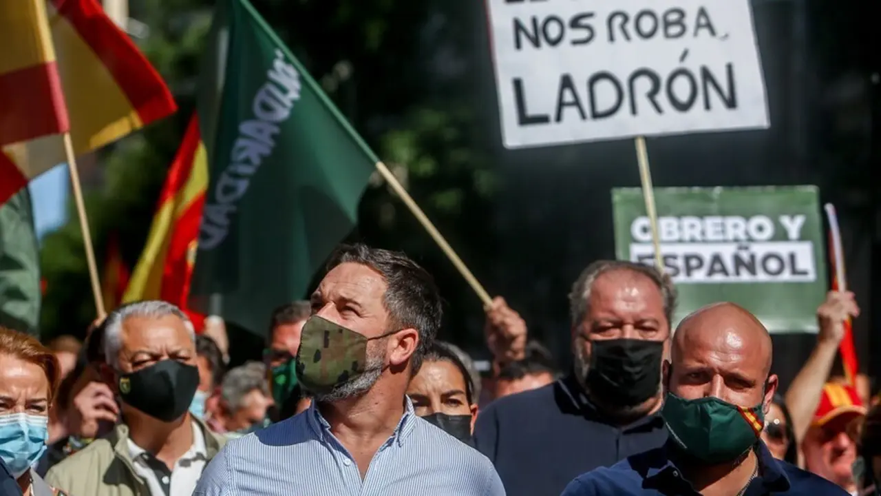 El presidente de Vox, Santiago Abascal, en una manifestaci&oacute;n contra el Gobierno convocada por el sindicato Solidaridad, a 18 de septiembre de 2021, en Madrid (Espa&ntilde;a). 