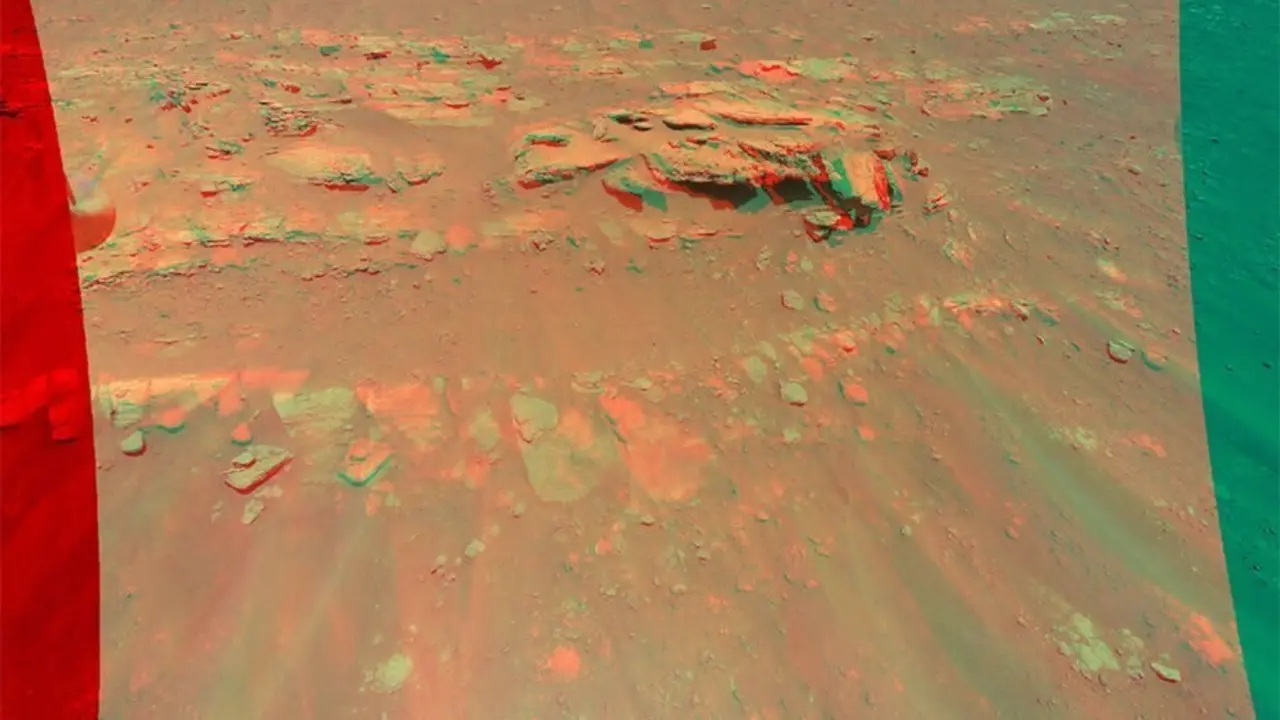 Esta vista en 3D de un mont&iacute;culo de rocas llamado "Faillefeu" fue creada a partir de datos recopilados por el helic&oacute;ptero Ingenuity de la NASA durante su decimotercer vuelo en Marte el 4 de Septiembre de 2021.