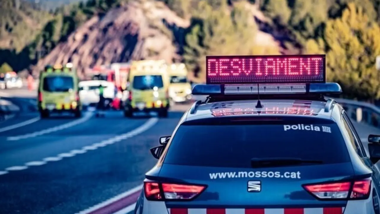 Archivo - Un coche de Mossos d'Esquadra y ambulancias del Sistema d'Emerg&egrave;ncies M&egrave;diques (SEM) durante un accidente de tr&aacute;fico en una imagen de archivo.