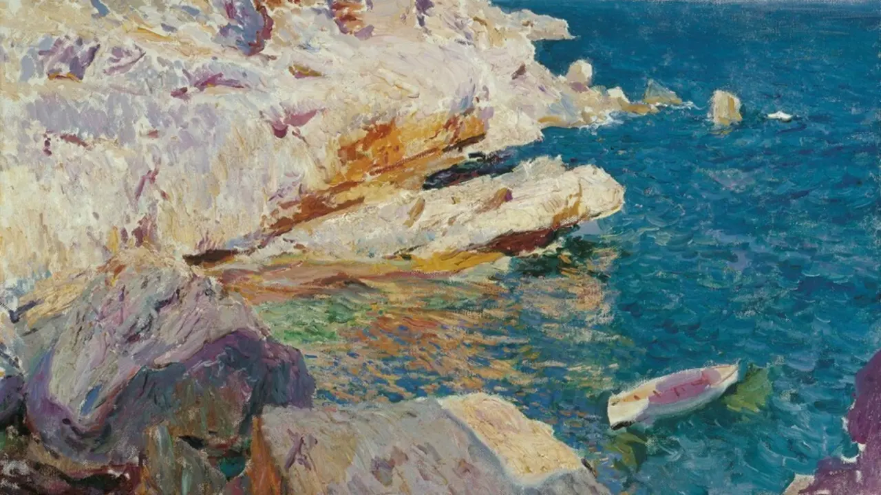 Joaqu&iacute;n Sorolla, Rocas de J&aacute;vea y el bote blanco, 1905. Colecci&oacute;n Carmen Thyssen-Bornemisza en pr&eacute;stamo gratuito al Museo Carmen Thyssen M&aacute;laga
