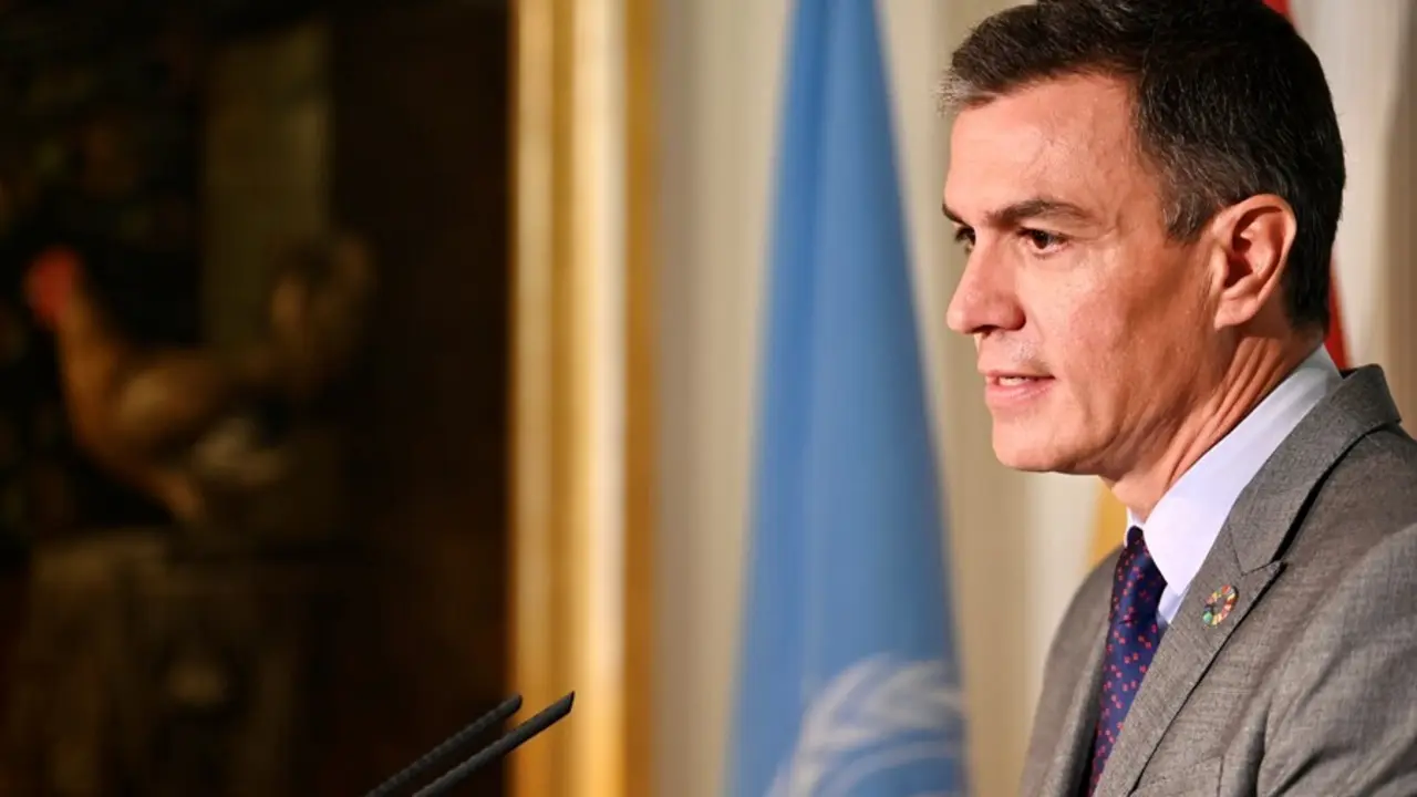 El presidente del Gobierno, Pedro S&aacute;nchez, en rueda de prensa desde Nueva York.