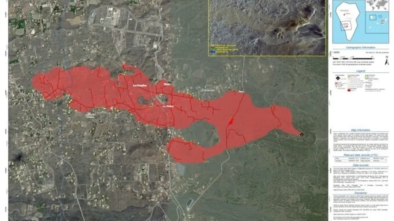 La zona afectada por la erupci&oacute;n del volc&aacute;n de La Palma vista con el programa europeo Cop&eacute;rnicus