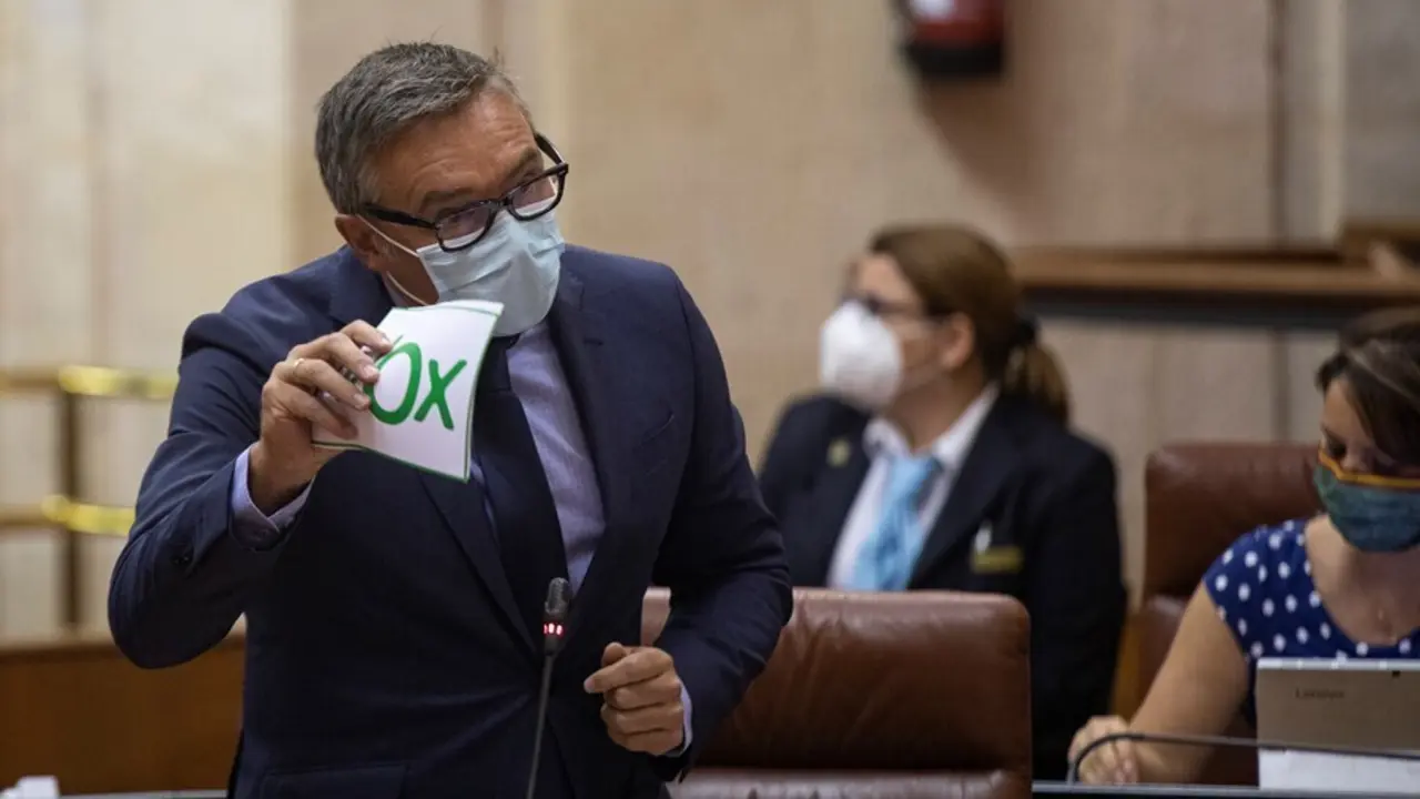 El portavoz del grupo parlamentario Vox, Manuel Gavira, en una foto de archivo en el Pleno del Parlamento andaluz.