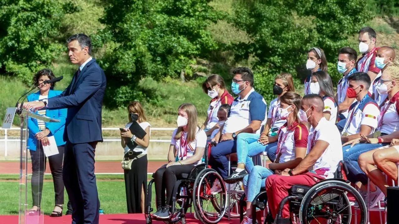 El presidente del Gobierno, Pedro S&aacute;nchez, durante el acto de homenaje a los deportistas ol&iacute;mpicos y paral&iacute;mpicos que han participado en los Juegos Ol&iacute;mpicos de Tokio, el pasado 9 de septiembre de 2021