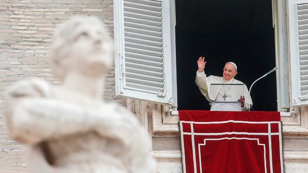 Pope Francis recites the Angelus prayer from the window of his study overlooking Saint Peter's Square, Vatican City, 26 September 2021. (Papa) EFE/EPA/FABIO FRUSTACI