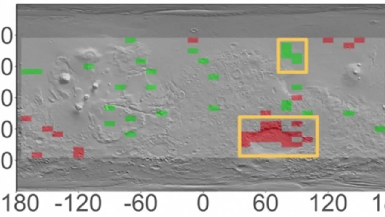 Mapa de Marte con topograf&iacute;a superpuesta que indica &aacute;reas con variaciones estacionales significativas en el contenido de hidr&oacute;geno