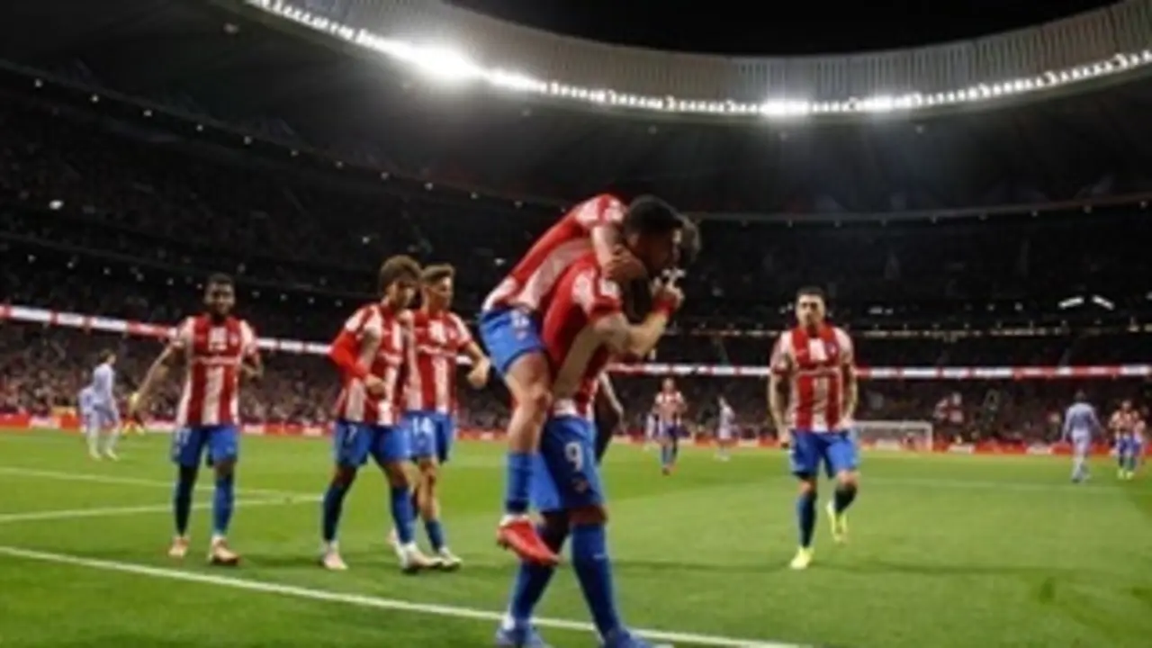 Luis Suarez of Atletico de Madrid celebrates a goal with teammates during the spanish league, La Liga Santander, football match played between Atletico de Madrid and FC Barcelona at Wanda Metropolitano stadium on October 02, 2021, in Madrid, Spain.