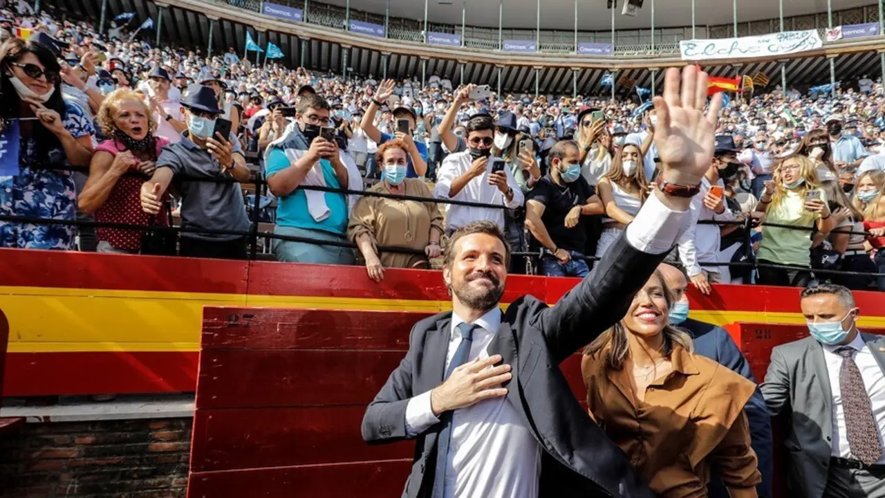 El presidente del PP, Pablo Casado, a su llegada al acto de clausura de la Convenci&oacute;n Nacional del PP