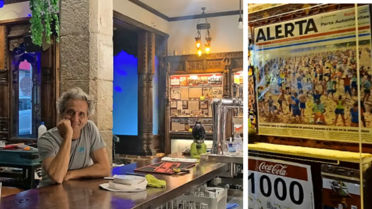 A la izquierda interior del nuevo local, junto a su due&ntilde;o, con la exposici&oacute;n de las palas, los dibujos de Mariano P&eacute;rez con motivos deportivos y algunas mesas con piezas &uacute;nicas entorno a este juego. Arriba, en una de las vitrinas se muestran recortes del diario ALERTA, donde se ve en una de sus portadas, cuando Santander bati&oacute; el r&eacute;cord del mundo de palistas jugando a la vez en la misma playa. / Hardy