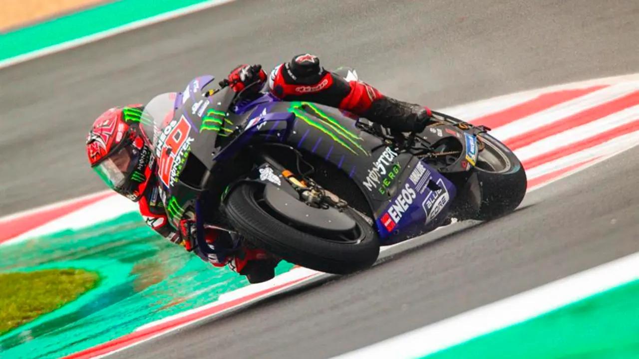 French MotoGP rider Fabio Quartararo of Yamaha Factory Racing in action during the third free practice session for the Motorcycling Grand Prix of Italy and Emilia-Romagna at Misano World Circuit 'Marco Simoncelli' at Misano Adriatico, Rivieria di Rimini, Italy, 23 October 2021. The Motorcycling Grand Prix of Italy and Emilia-Romagna takes place on 24 October 2021. (Motociclismo, Ciclismo, Italia) EFE/EPA/DAVIDE GENNARI