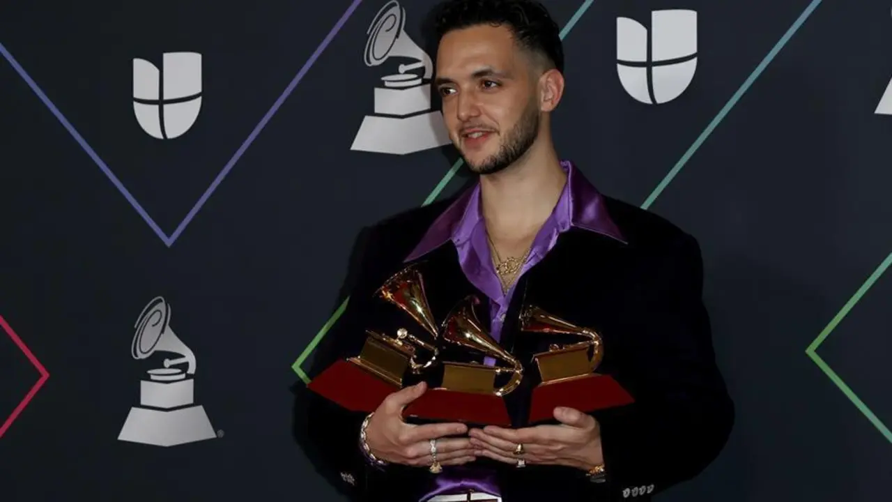 C. Tangana poses in the press room with the Best Pop Rock Song, Best Alternative Song and Best Recording Package awards during the 22nd annual Latin Grammy Awards ceremony at the MGM Grand Garden Arena in Las Vegas, Nevada, USA, 18 November 2021. The Latin Grammys recognize artistic and/or technical achievement, not sales figures or chart positions, and the winners are determined by the votes of their peers - the qualified voting members of the Latin Recording Academy. (Estados Unidos) EFE/EPA/NINA PROMMER