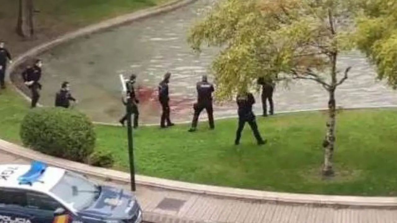 Momento en que la Polic&iacute;a Nacional ha entrado en la fuente a rescatarlo.Twitter