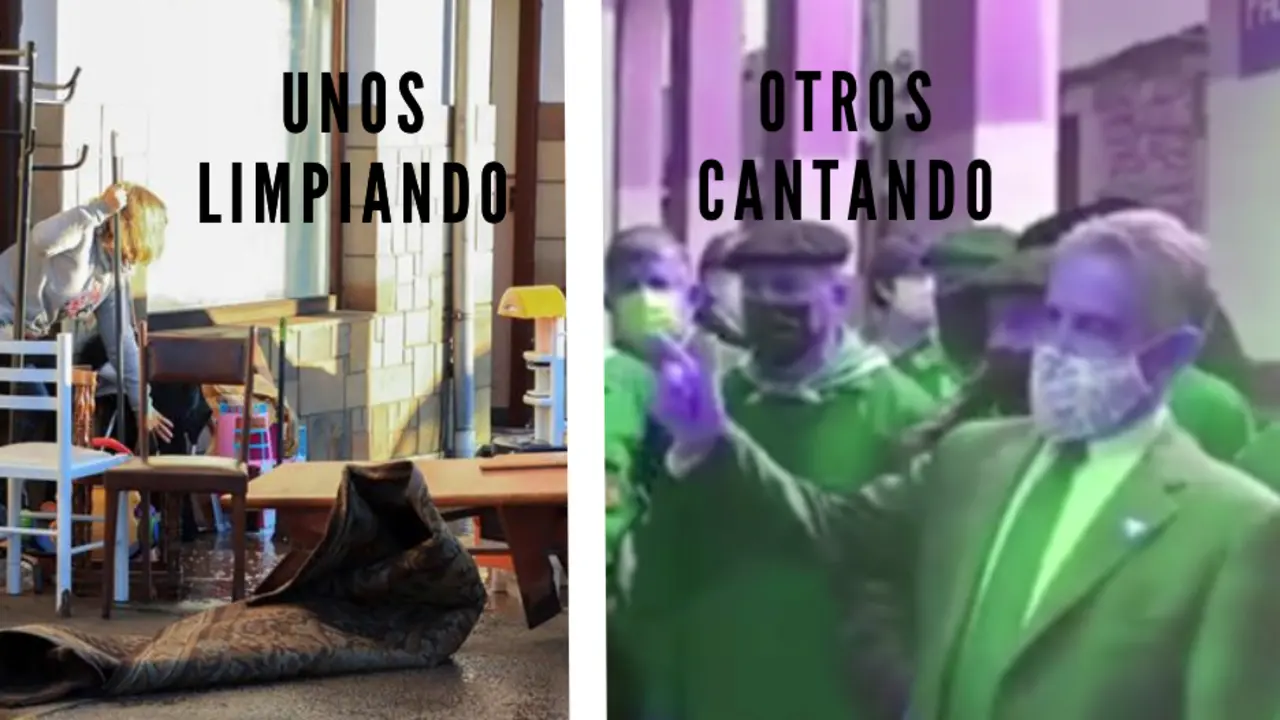 A la izquierda, ciudadanos de Pi&eacute;lagos limpiando y salvando sus pertenencias y a la derecha Revilla cantando alegremente.