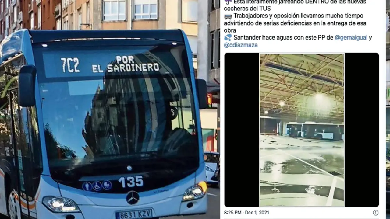 A la izquierda uno de los autobuses que cada d&iacute;a acaban en las cocheras donde seg&uacute;n el concejal socialista &laquo;literalmente estaba jarreando&raquo;. / ALERTA